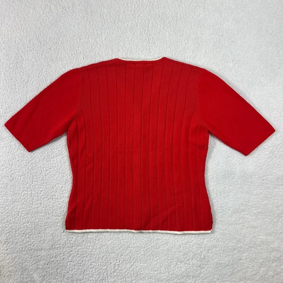 Lacoste Red Ribbed V Neck Short Sleeve Button Up Cardigan Sweater Women's L VTG - Picture 2 of 9